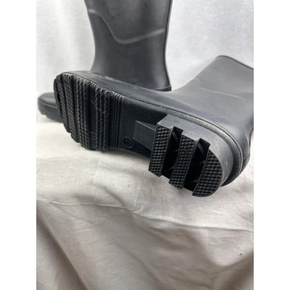 A New Day Women Black Rubber Rain Boots Matte Tall Waterproof Side Buckle Size 7